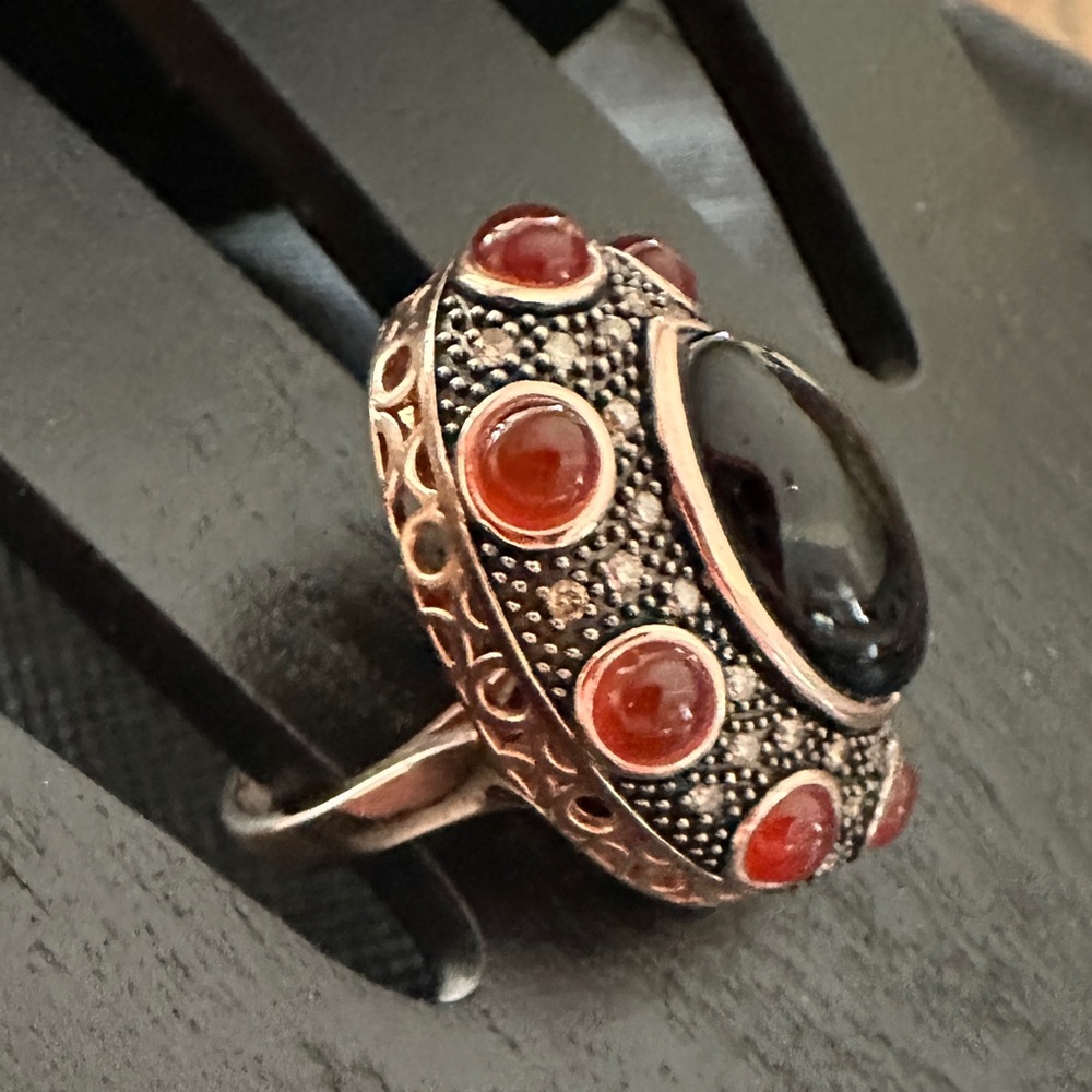 Bohemian Black Onyx & Carnelian Rose Gold-Tone Ring - Size 7 - Picture 5 of 9
